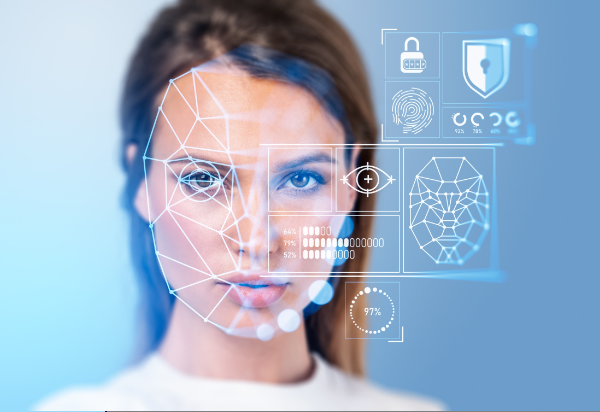 Beautiful,Woman,And,Eye,With,Digital,Biometric,Scanning,And,Data Beautiful woman and eye with digital biometric scanning and data analysis. Face detection and scanner. Concept of face id and artificial intelligence